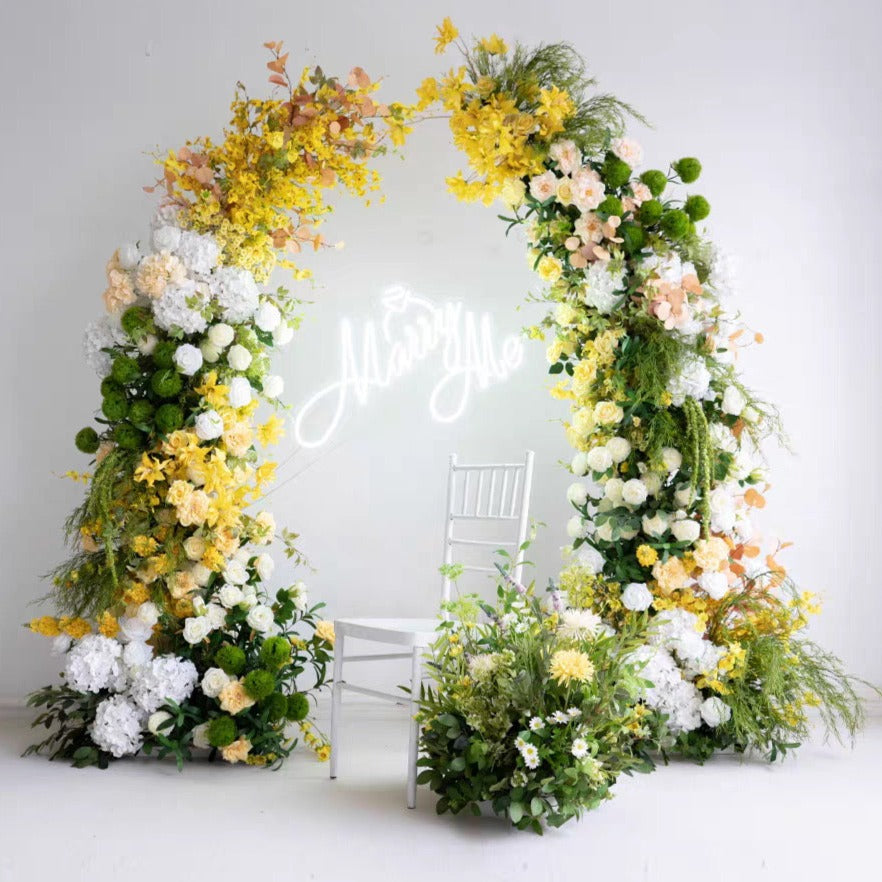 Multi Flower Greenery, Yellow & Ivory Floral Pillars – 2.3m