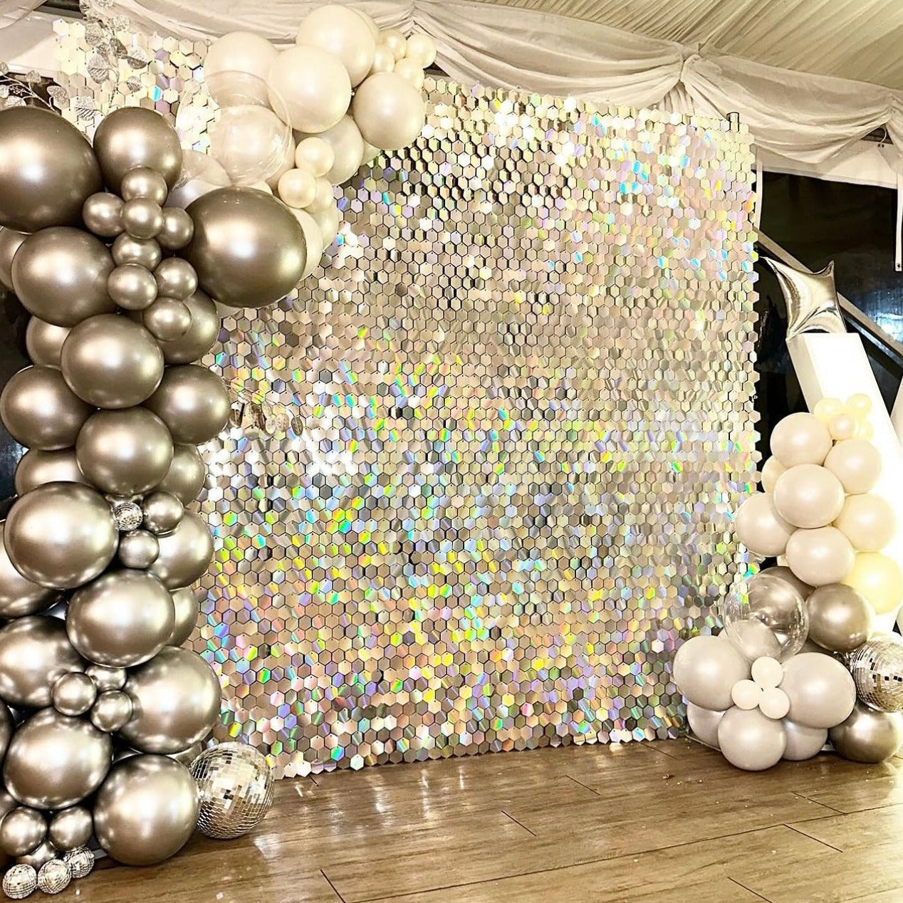 Silver Iridescent Hexagon Sequin Wall