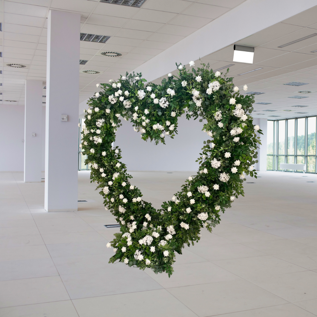Foliage With White Florals Freestanding Heart With Stand