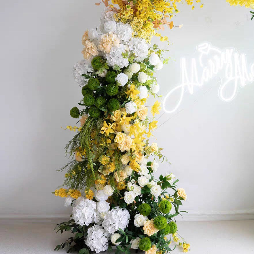 Multi Flower Greenery, Yellow & Ivory Floral Pillars – 2.3m